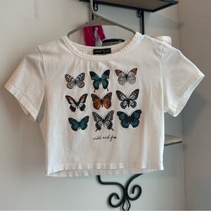 White Butterfly Print Crop Top